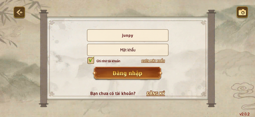 Chắn Sân Đình 5G - Chan San Dinh 5G app login screen featuring a traditional Vietnamese scroll design and ink painting background.