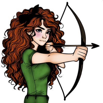 a woman with curly and messy hair using a bow to shoot arrow realistic