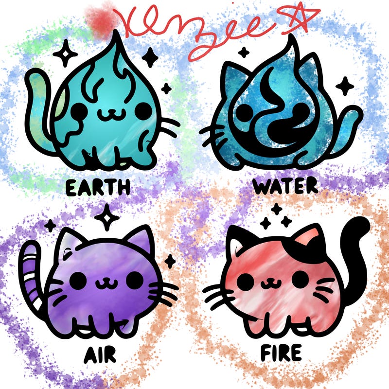 4 cats that represent the different elements, earth, water, air, and fire