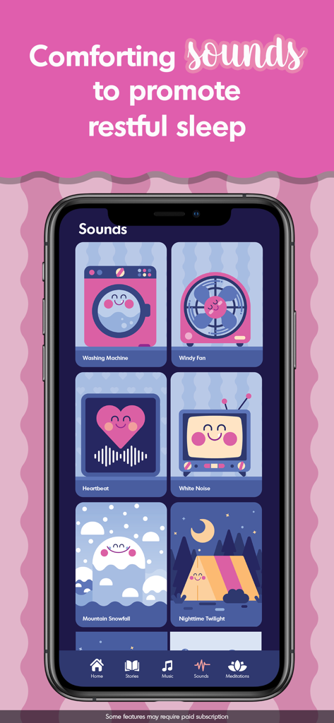 Interfaz de la aplicación Budge Bedtime que muestra varias categorías de sonidos reconfortantes como ruido blanco y sonidos de la naturaleza para ayudar a los niños a dormir