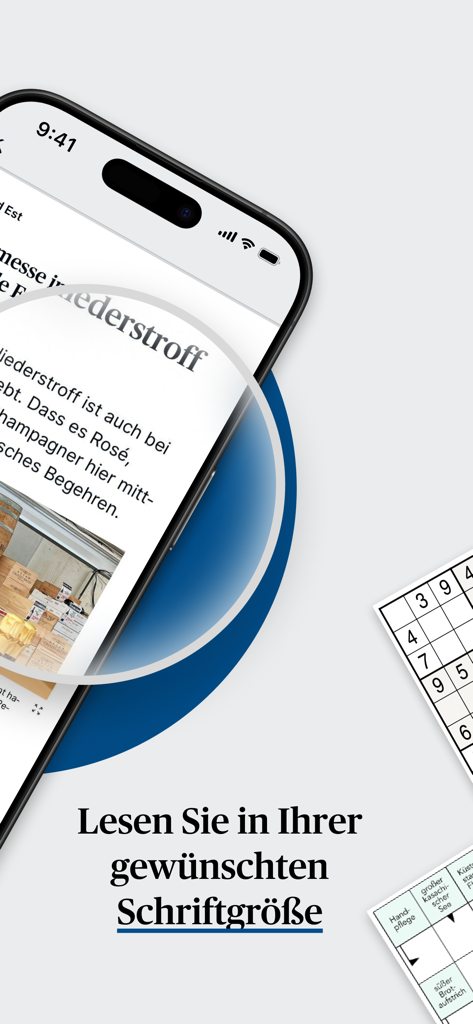 Smartphone screen showing the SZ ePaper app with a zoomed-in newspaper article highlighting the adjustable font size feature and Sudoku puzzles