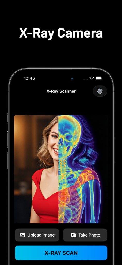 X-Ray Camera - Interfaz de la app Cámara Rayos X mostrando un efecto de escaneo de rayos x generado por IA en una foto de retrato