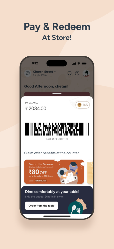 Third Wave Coffee app screen showing payment barcode balance and reward coins