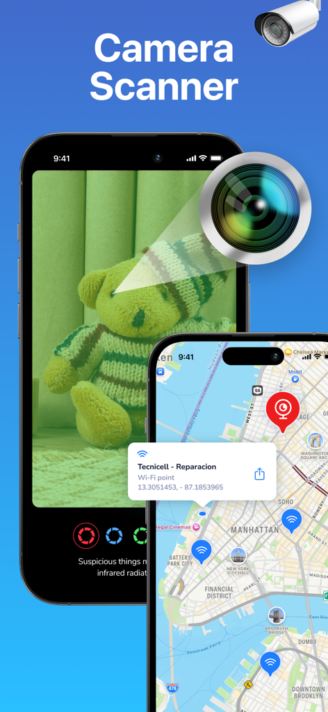 Hidden Spy Camera Finder Pro - Interfaz de una aplicación localizadora de cámaras ocultas mostrando un escaneo infrarrojo en un oso de peluche y un mapa rastreando dispositivos detectados.