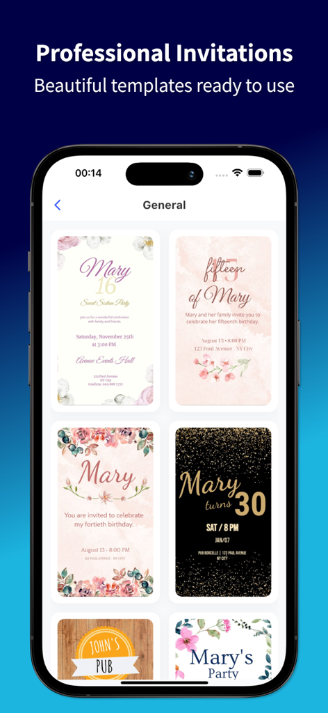 Birthday Invitation Easy 2025 - Pantalla de iPhone que muestra varias plantillas profesionales de invitaciones de cumpleaños para niños y adultos