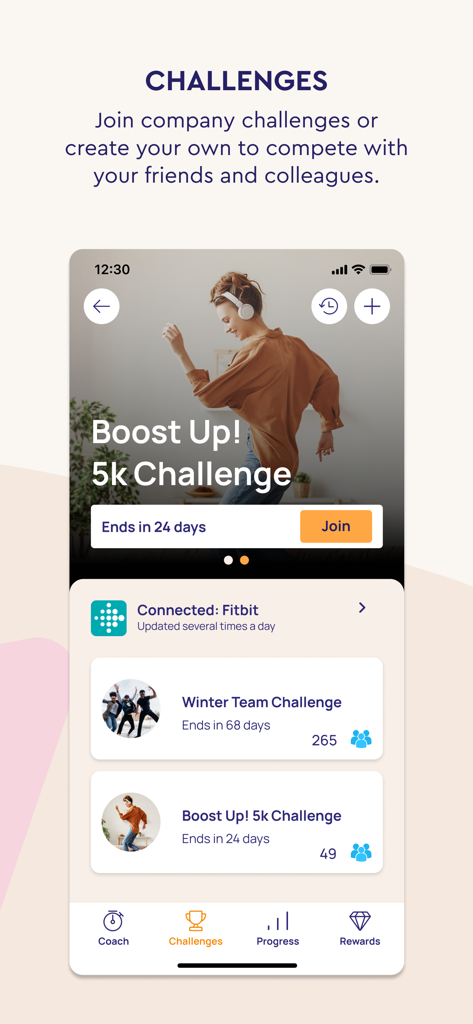 Vity - Interface of the Vity app showing various fitness challenges and device connectivity