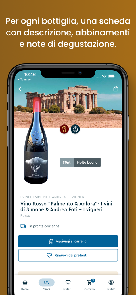 Tannico – Attività Commerciali - Schermata dell'app mobile che mostra una pagina di prodotto di vino dettagliata con immagine della bottiglia e pulsante aggiungi al carrello