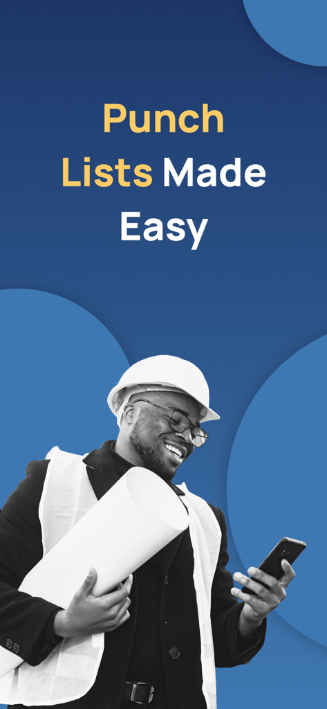 Punch List and Issue Tracker - パンチリストおよび問題追跡アプリをスマートフォンで使用している、ヘルメットと安全ベストを着用した建設専門家