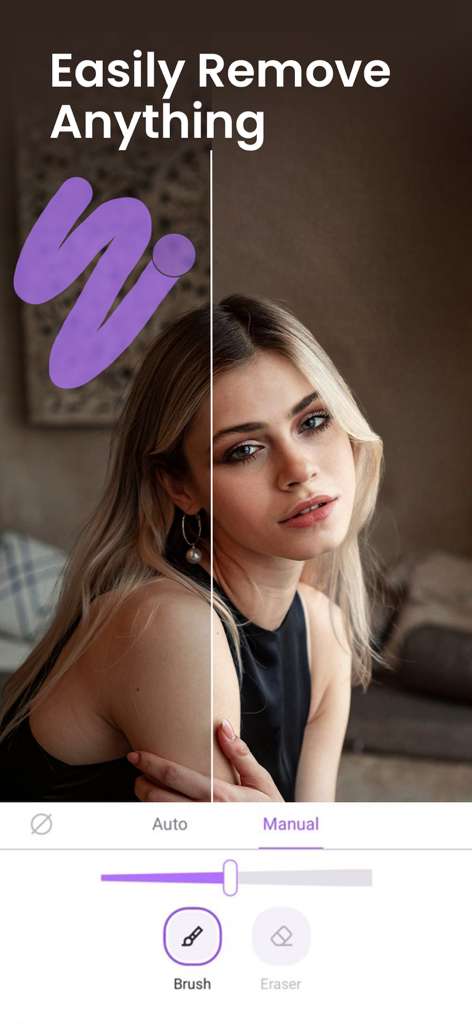 Vivid Glam Video/Photo Retouch - ポートレートのビフォーアフタービューでAIオブジェクト削除ツールを示すVivid Glamアプリのインターフェース