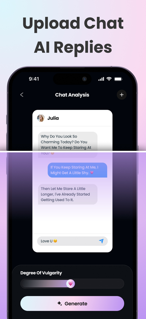 Rizzai - Dating Assistant App - Interfaz de la aplicación Rizzai que muestra la función de análisis de chat con sugerencias de respuestas generadas por IA y un control deslizante de ajuste de vulgaridad.