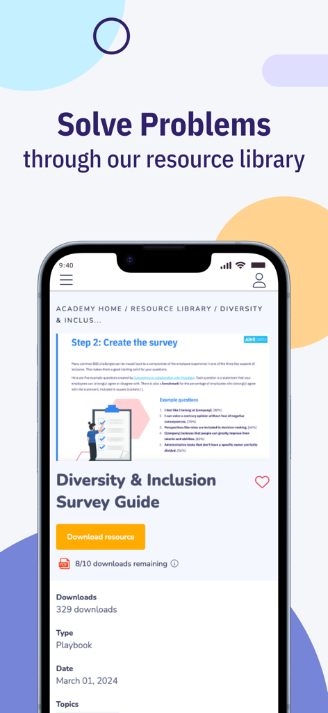 AIHR | Academy to Innovate HR - Interfaz de la aplicación AIHR Academy que muestra un manual de guía de encuestas sobre diversidad e inclusión para descargar