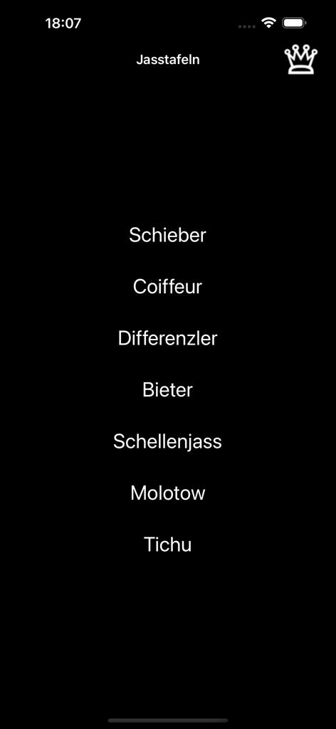 Main menu of the Jasstafeln app listing different card game scoring modes like Schieber and Tichu