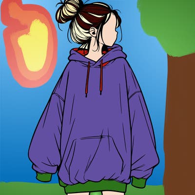 realistic girl with a oversized sweatshirt on and a bun