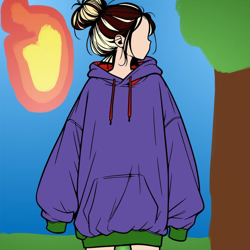 realistic girl with a oversized sweatshirt on and a bun