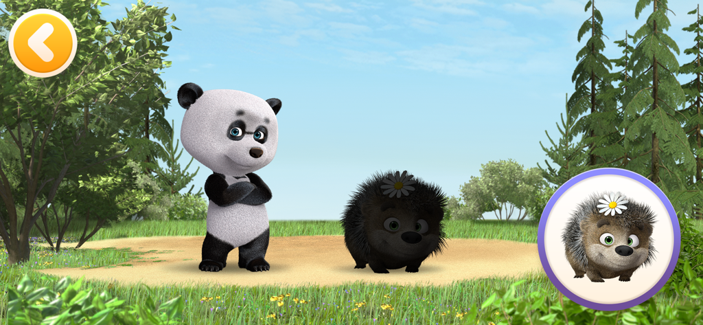 Personajes de panda y erizo en el juego educativo infantil de Masha y el Oso