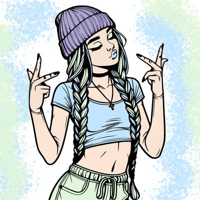 realistic teenage girl with braids and a beanie and crop top doing 🫶🏼