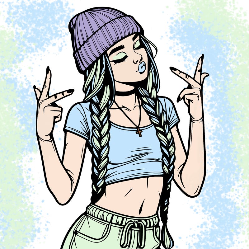 realistic teenage girl with braids and a beanie and crop top doing 🫶🏼