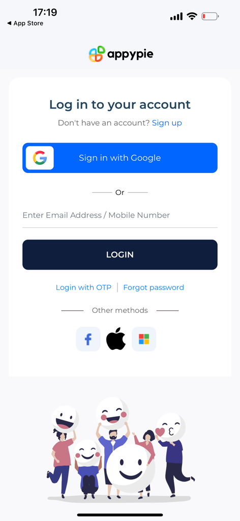 Appy Pie AI Website Builder login screen with social sign in options for Google Apple and Facebook