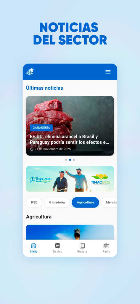 Productiva CM - Interface do aplicativo Productiva CM exibindo as últimas notícias do agronegócio em espanhol.