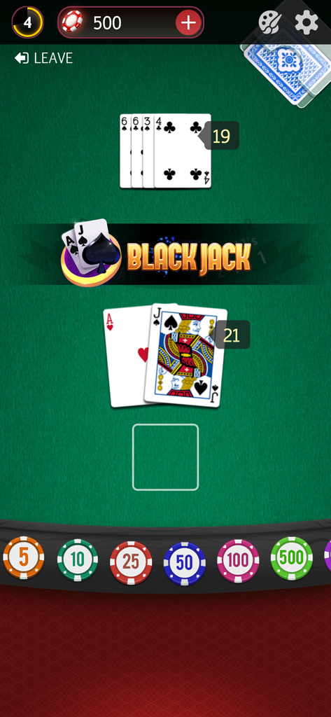 Blackjack 21: Casino Game - Blackjack 21 Mobile-Spielbildschirm zeigt eine gewinnende Hand von 21 gegen einen Dealer auf einem grünen Filztisch.