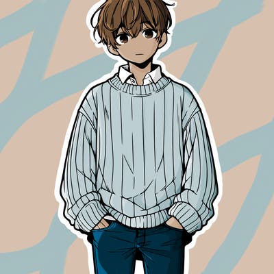 manga teenage boy with oversized sweater and jeans hands out of pockets.