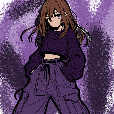 anime teen girl with baggy pants and crop top with sweater