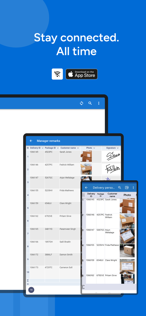 Table Notes app displayed on a phone and tablet showing offline spreadsheet synchronization and delivery management logs.