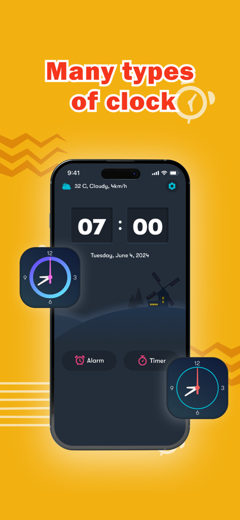 Alarm Clock - Wake up alarm - Smartphone screen showing different clock faces and weather features in an alarm app