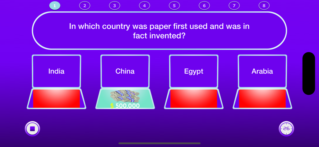 World Quiz : Family Game - World Quiz mobile game screen showing a multiple choice history question about the invention of paper.