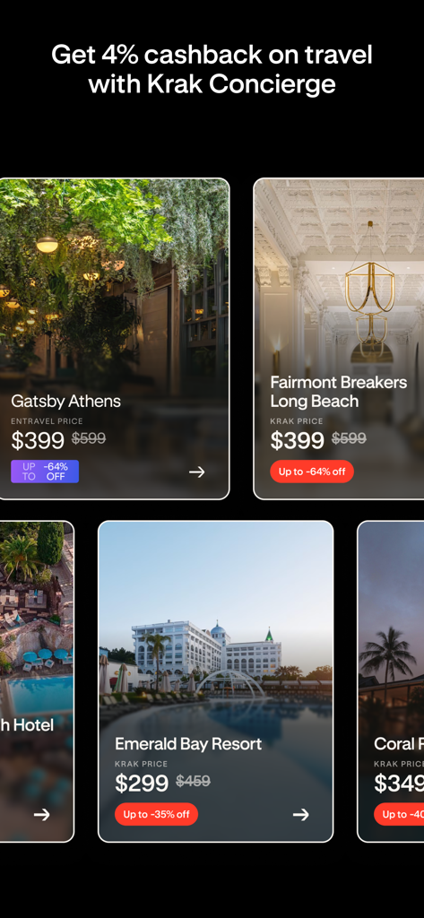 Krak: Money & Crypto Transfer - Krak 앱 인터페이스: 여행 상품 및 호텔 예약에 대한 4% 캐시백 보상 표시