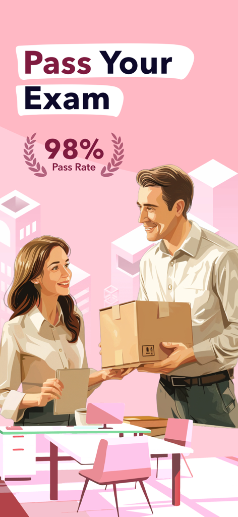 APICS CSCP Exam Prep: 2026 - Illustrazione di professionisti della supply chain in un ufficio che evidenzia un tasso di superamento del 98% per l'esame CSCP