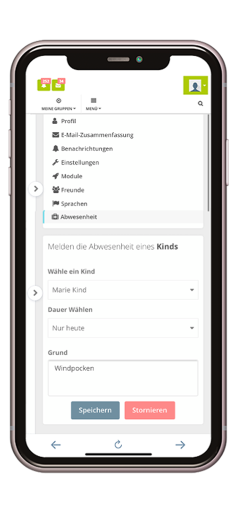 GFZ-App - Pantalla móvil de GFZ-App mostrando un formulario para reportar la ausencia de un niño, incluyendo campos para nombre y motivo