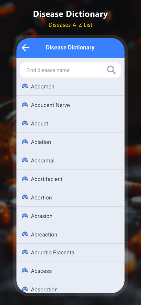 Drugs Dictionary - Offline - Searchable list of medical terms and conditions in the Disease Dictionary interface