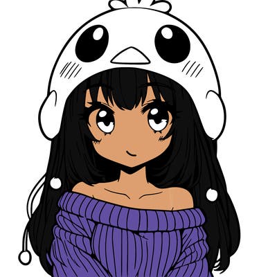 anime girl with chick shaped hat with sweater with bare shoulders with bangs covering them one eye with low tail