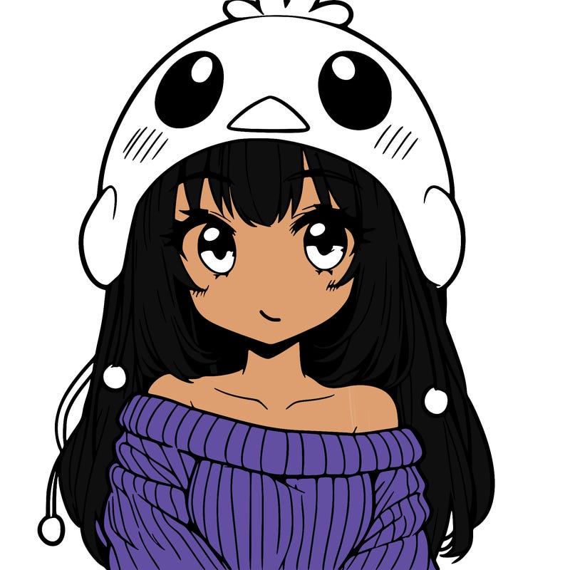 anime girl with chick shaped hat with sweater with bare shoulders with bangs covering them one eye with low tail