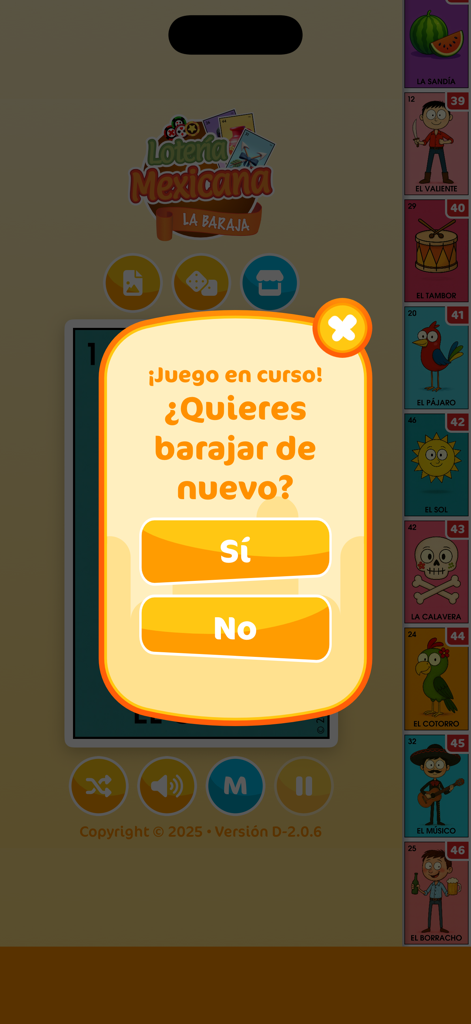 Lotería Mexicana - La Baraja - Tela do aplicativo móvel mostrando um pop-up pedindo para embaralhar as cartas em espanhol para o jogo Loteria Mexicana