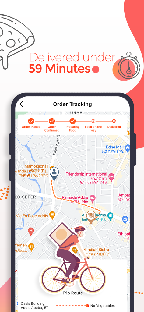 Pantalla de seguimiento de pedidos de la aplicación beU Delivery que muestra un mapa y un repartidor en bicicleta