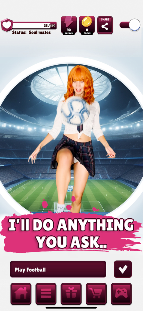 Pocket Love - Gamer Girl - Virtual gamer girl playing football in the Pocket Love app interface