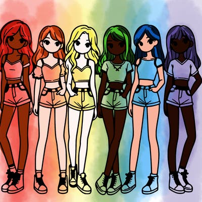 a group of girls wearing crop tops and shorts