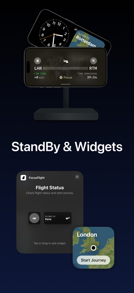 FocusFlight app showing iOS StandBy mode and home screen widgets with aviation-themed focus timers and flight progress maps.