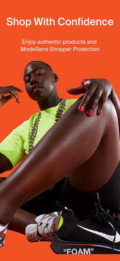 A person in high-fashion streetwear sitting against an orange background with text emphasizing shopper protection and authentic products