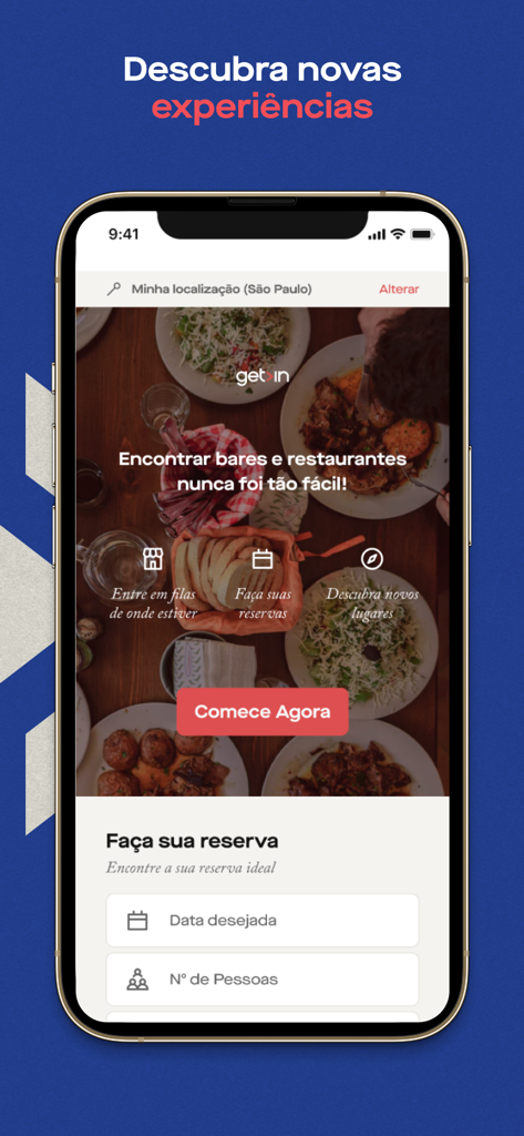 Get In: Restaurantes e Bares - Get In app display for restaurant discovery virtual queue and reservation features