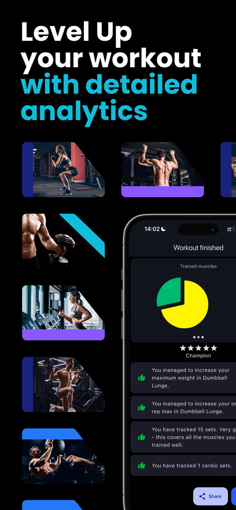 Heft - Exercise Tracker & Log - Heft app screenshot showing workout summary with muscle group analytics and personal records
