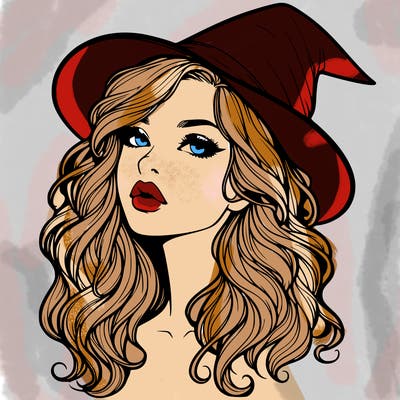 realistic witch girl with wavy hair and lips