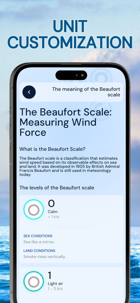Interface do aplicativo Wind Radar exibindo níveis da escala Beaufort para medir a força do vento com descrições de condições marítimas e terrestres.