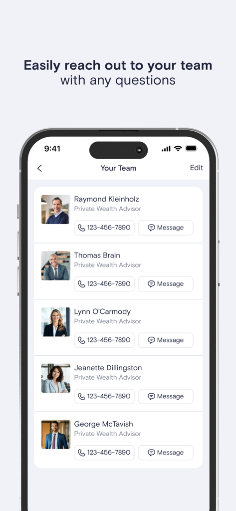 Interfaccia dell'app GS PWM che mostra un elenco di Consulenti Patrimoniali Privati con pulsanti di contatto