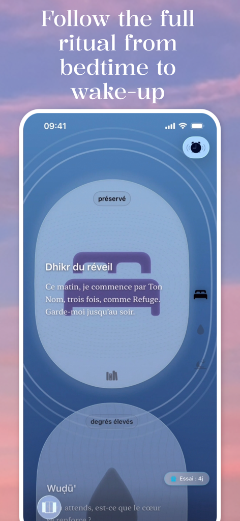 Fajr O'Clock - Alarm & Salat - Interface of the Fajr O'Clock app showing the Islamic ritual flow from bedtime to wake up including wake up dhikr and wudu routines
