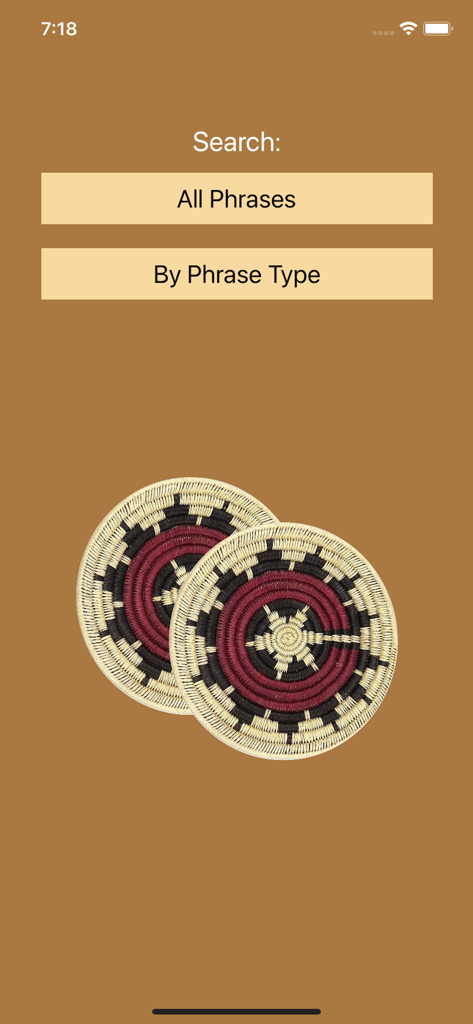 Pantalla de búsqueda de la aplicación Speak Navajo Language mostrando Opciones de Frases Completas y Por Tipo de Frase con cestas navajas tradicionales