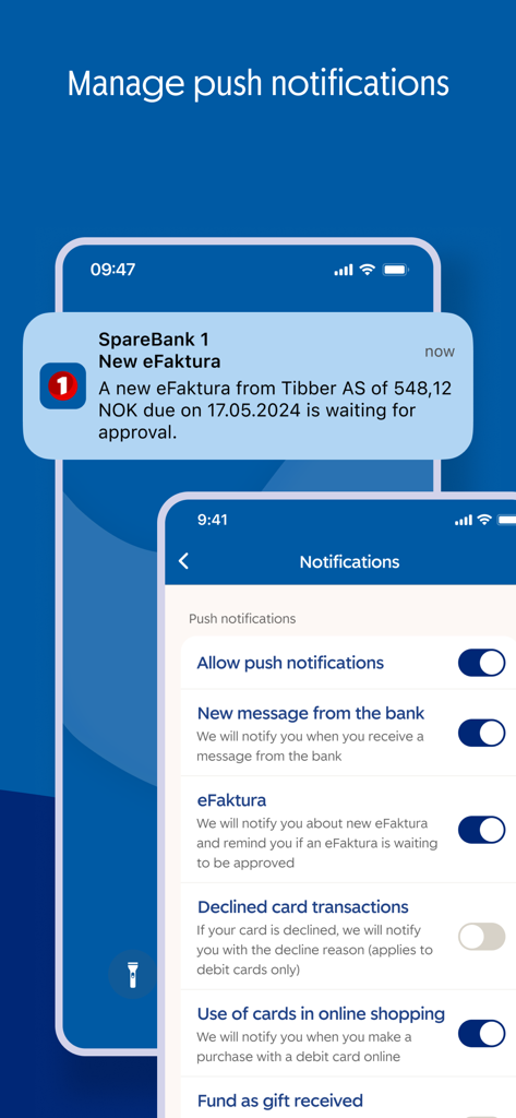 SpareBank 1 Mobilbank - A mobile interface showing push notification settings for the SpareBank 1 app and a sample eFaktura alert on a phone lock screen