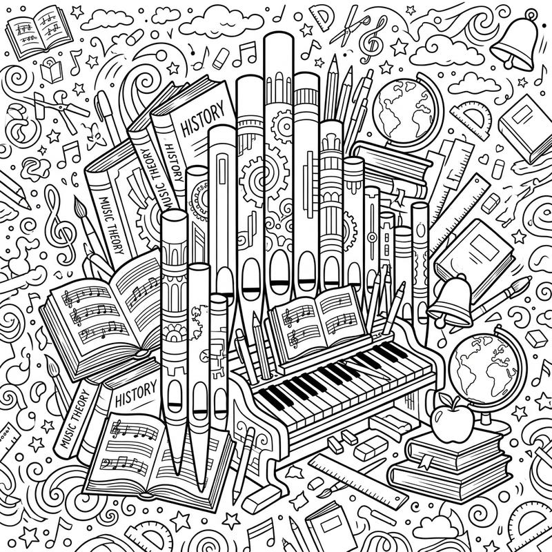 Get ready for a harmonious return to the classroom with this delightful coloring page. It perfectly blends the majestic beauty of organ pipes with classic back-to-school essentials.